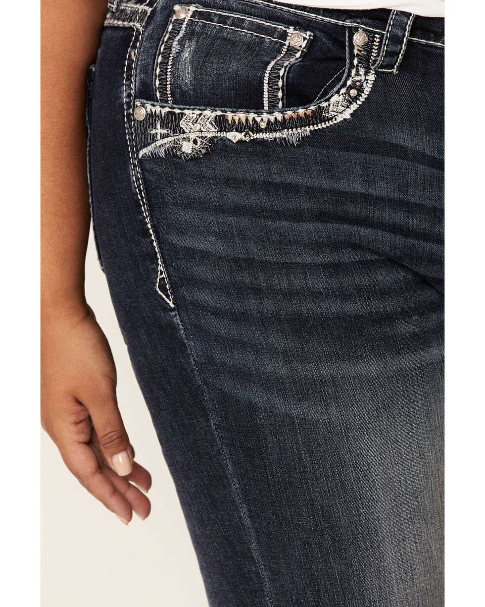 Grace L.A Idol Women Plus Bootcut Jeans Mid Rise South Western Tribal Bold Whip Stitch Stretch 